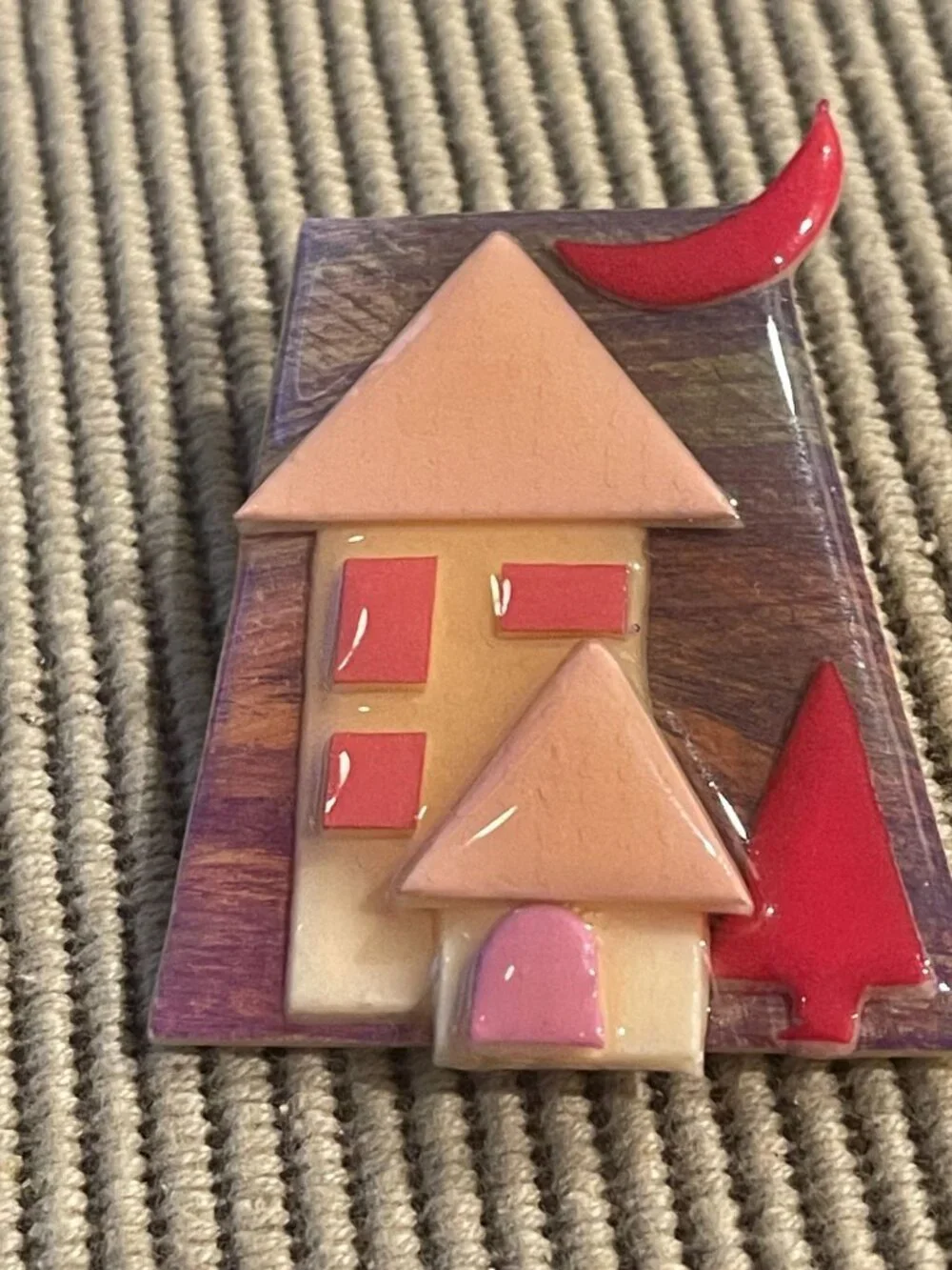 Vtg Lucinda House Brooch Pin With Red Moon Tree & Whimsical Home Design - Unique